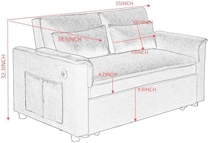 Sofa Bed, Pull Out Couch with Side Pockets, 3 in 1 Velvet Loveseat Sleeper Sofas Beds with USB Ports, Sofa Bed Couch with Adjustable Backrest for Living Room, Bedroom, Apartment, Gray