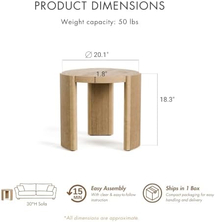 Furniture of America Carys Modern Solid Wood 20-inch Round End Table with Plinth Base, Living Room Furniture for Small Space, Home Office, Oak