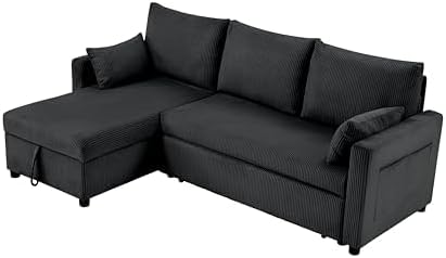 Queen Sleeper Sofa, Convertible Sofa Bed with Storage, 85 Inch Sectional Couch with Pull Out Bed, L Shaped 3 Seat Sectional Sleeper Sofa for Living Room, Apartment, Black