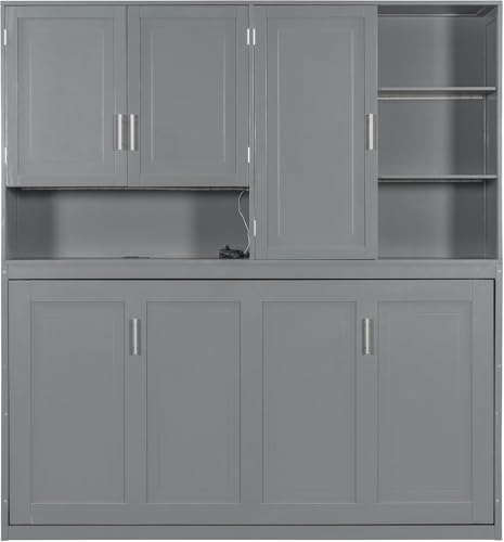 Twin Horizontal Murphy Bed with Storage Cabinet, LED Light and Charging Station,Wood Folding Murphy Wall Bed Cabinet with Bookcase and Shelves for Adult (Grey)