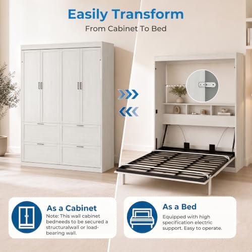 Mjkone Full Size Murphy Bed, Cabinet Beds Full with Motor-Driven Lifting System & Bedside Storage, Hidden Wall Murphy Automatic Lift Up Beds & Legs, Space-Saving Guest Bed for Apartment - White