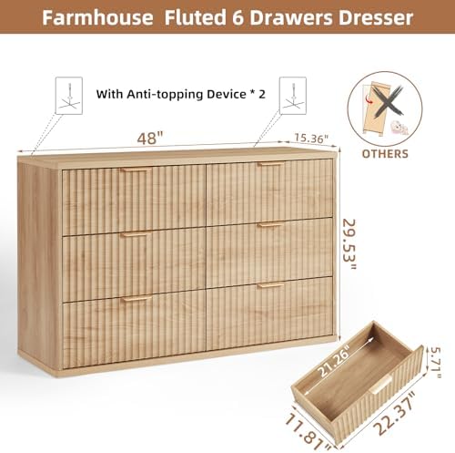 LEYAOYAO Fluted 6 Drawers Dresser for Bedroom, 48" Wide Farmhouse Chest of Drawers with Metal Handle,Curved Profile Modern Closet Organizer Wood Dressers TV Stand for Living Room, Hallway, Natural