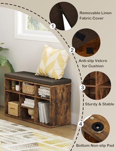 Shoe Storage Bench with Cushion, 31.5" Cubby Shoe Rack, 9 Cubbies