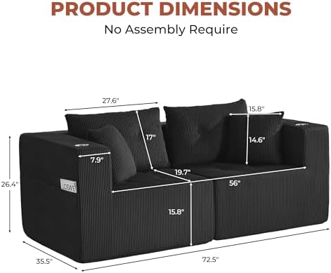73" Loveseat Modular Sectional Sofa, Oversized 2-Seater Boneless Tufted Cloud Couch with Cup Holder, Corduroy Upholstery Small Couches for Living Room, No Assembly Black