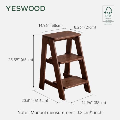 100% Solid Oak Wood 3 Step Stool, Multifunctional 3-Tier End Table Nightstand Plant Stand Counter Barstool Dining Stool for Living Room Bedroom Kitchen (Walnut, 3-Tier)