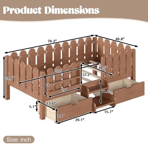 Bellemave Twin Size Platform Bed with Storage Drawers & Bookshelf for Boys Girls, Kids Twin Bed Frame with LED Lights & Stairs for Children's Room, Deep Natural