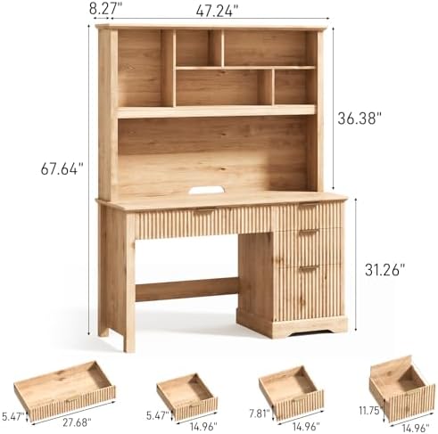 Vabches Fluted Executive Desk with Drawers, Wood Computer Desk with Ample File Drawer, Home Office Desk with Hutch for Study, Bedroom, Living Room, Oak