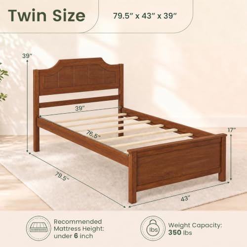 KOMFOTT Twin Size Bed Frame with Headboard, Wood Platform Bed (Walnut)