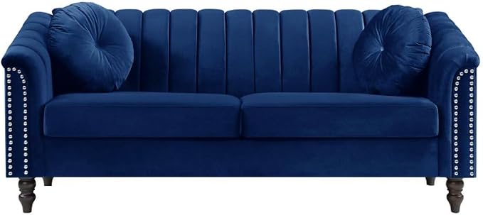 Sectional Sofa Set, Microfiber Chesterfield Upholstered Sofas Loveseat Couch Chair Sets with Style Button Tufted, Scroll Arms and Nailhead for Living Room, Office, Apartment, Blue,S