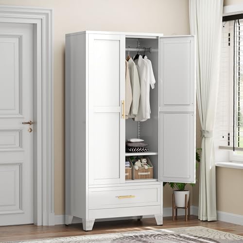 71" White Metal Tall Clothing Storage Armoire Wardrobe