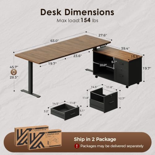 OffiGo 63" L Shaped Electric Standing Desk with Cabinet Sets, Walnut/Black