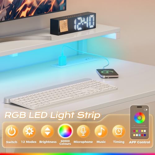PRAISUN 55.1 Inch Gaming Desk with LED Lights & Power Outlets