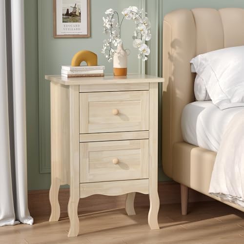 Bonnlo Solid Wood Nightstand Unfinished for Color DIY, Small Night Stand for Bedroom, Natural Wood Nightstand with Drawers, Light Wood Nightstand, Real Wooden Bed Side Table/End Table