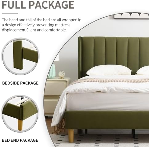 YUHUASHI Full Bed Frame,Platform Bed with Upholstered Headboard,Grass Green