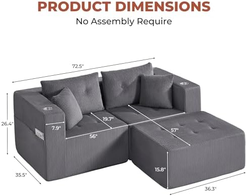 73" Loveseat Modular Sectional Sofa, Oversized 2-Seater Boneless Tufted Cloud Couch with Cup Holder and Movable Ottoman, Corduroy Upholstery Small Couches for Living Room, No Assembly Grey