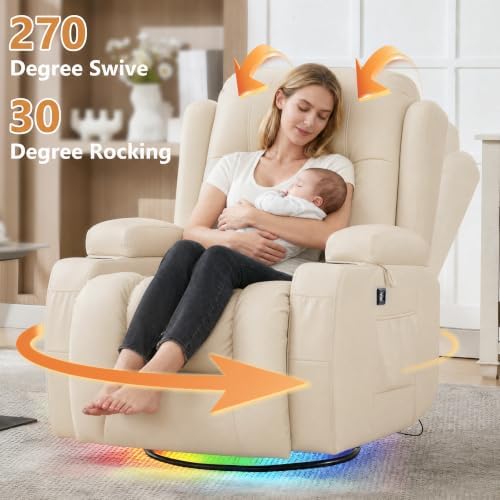 URRED Swivel Rocker Recliner Chair with LED Ambient Lights for Adults,Ivory