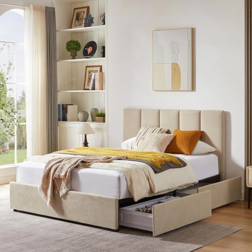 VELOCAVA Cal King Upholstered Storage Bed Frame with 4 Drawers, Beige