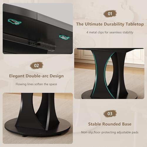59" Extendable Round Dining Table for 6-8, Kitchen Table with Sturdy Double Arc Base & Backboard Clasp Desktop, Mid-Century Modern Dinner Table, Kitchen Dining Room, Space Saving, Black