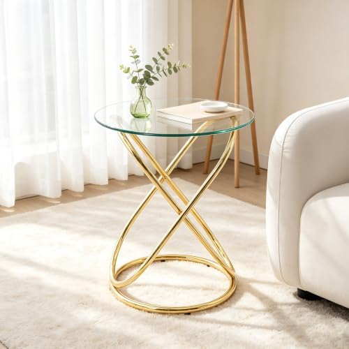 19.7" Round Glass Side Table with Metal Frame, Gold