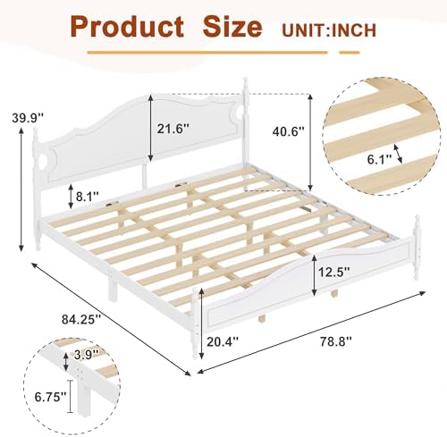 Merax King Size Wood Platform Bed with Retro Wave Headboard and Footboard, Vintage Bed Frame with Wood Slat Support, No Box Spring Needed/Easy Assemble, White