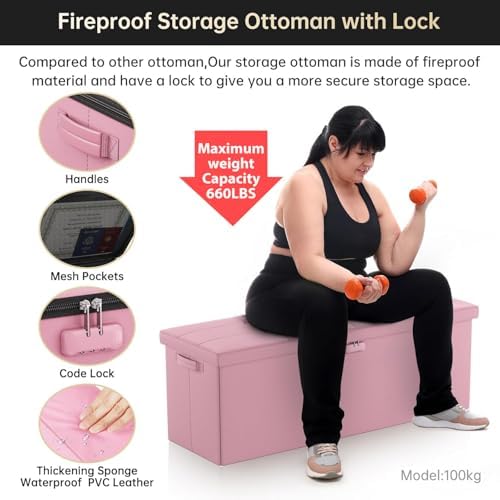 DocSafe Storage Ottoman Bench, Fireproof&Waterproof Folding Bench with Lock(15”x 43”x15”), Leather Storage Chest with Handles&2 Extra Boxes, Ottoman Safe for Bedroom,Living Room,Home Office, Pink