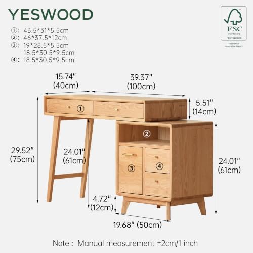 40''-57'' Extendable Vanity Desk with Dresser, Oak Wood Makeup Table for Girls, Study Desk and Vanity Set for Bedroom, Barthroom, Natural (NO Chair & Mirror)