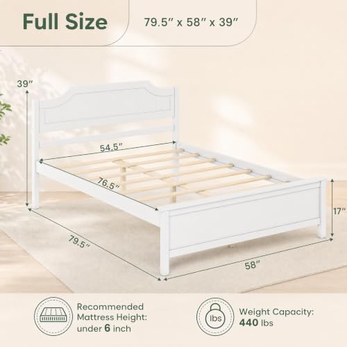 KOMFOTT Full Size Bed Frame with Headboard, Wood Platform Bed (White)