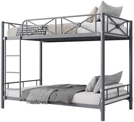 Garvee Metal Bunk Bed Twin Over Twin, Industrial Bunkbeds Heavy Duty Bed with Safety Guard Rails and Space-Saving Design, Steel Bed for School, Bedroom, Grey