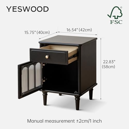 Solid Wood Nightstand Set of 2, Wooden Nightstands with Drawer and Fluted Glass Door – Mid Century Modern Farmhouse Vintage Night Stand, Left and Right Set, 15.75" D x 16.54" W x 22.83" H