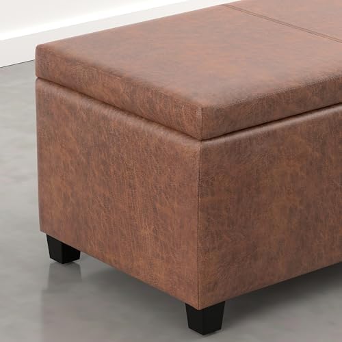 SIMPLIHOME Avalon 48" Vegan Leather Ottoman in Distressed Pecan Brown