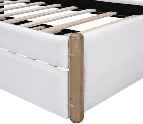 Merax Twin Size Upholstered Platform Bed with Wood Supporting Feet and Twin Size Trundle, White