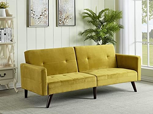 Container Furniture Direct Hasano 79" Sleeper Sofa Bed - Reclining Convertible to Full Bed - Tufted Linen Upholstery, Wooden Legs - Space-Saving Sofa Bed(79" L x 33" W x 33" H), Golden Yellow