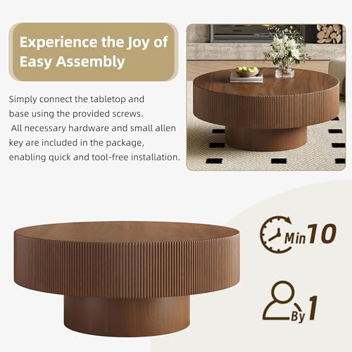 Merax Modern 35.4 Inch Round Large Coffee Table with Sturdy Base, Walnut