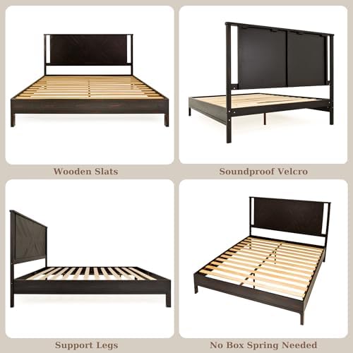 Bme Ethan King Size Bed Frame with Diamond Headboard, Rustic Mid-Century Modern, Solid Acacia Wood, No Box Spring Needed, Slat Support, Rustic Black