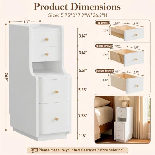 Narrow Nightstand with 4 Drawers, 7.9" Solid Wood Narrow Bedside Table White with Open Shelf & Cable Hole, Modern Night Stand Slim Bedside Table for Bedroom(Fully Assembly)
