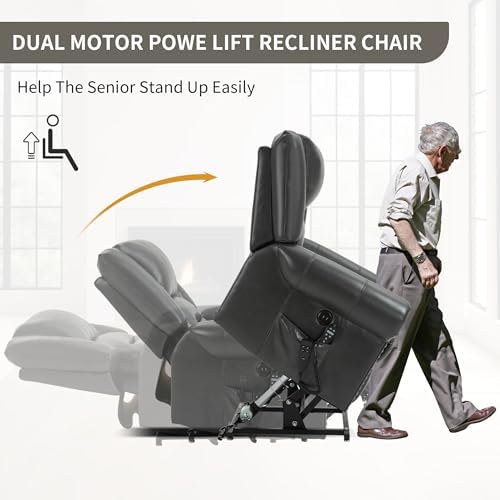 Trustyue Dual Motor Power Lift Chair, Lay Flat Recliner Chair, Electric Recliner with Massage and Heat for Elderly, Remote Control, Infinite Position,Standing Assistance,USB Ports PU Grey