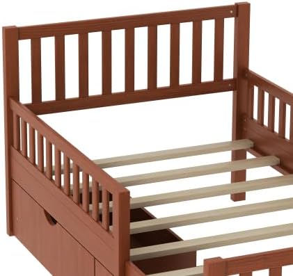 Bellemave Kids Twin Bed Frame with Fences and 2 Drawers, Twin Size Wooden Platform Bed with Guardrails on Both Sides for Boys Girls, Walnut