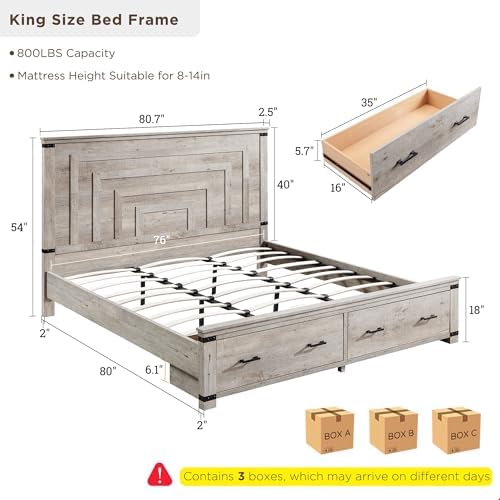 T4TREAM 54" Tall Farmhouse King Size Bed Frame, Light Rustic Oak