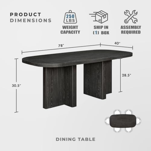 Lexicon 78 Inch Dining Table for 4-6 People, Rectangular with Textured Wood Grain Surface, Modern Ebony Finish Oak Veneer Kitchen Table for Dining Room/Kitchen, Ebony