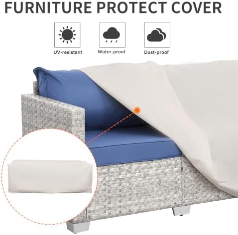 WAROOM Outdoor Couch 3 Seater Wicker Patio Sofa Grey Rattan Balcony Furniture Deep Seat Porch Seating, Navy Blue Cushion