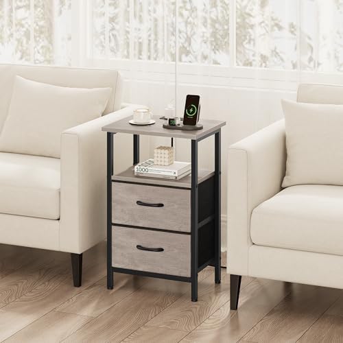 Vagusicc Nightstand with Charging Station, Side Table with 2 Fabric Drawers, Bedside Table with Open Shelf, 24.2" Tall End Table with USB Ports and Outlets, Night Stand for Bedroom, Greige