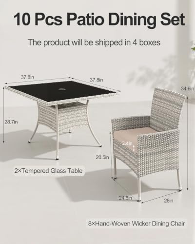 10-Piece Patio Dining Set, 2 Tempered Glass Tables & 8 Wicker Chairs