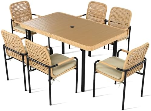 Outdoor Dining Set 7-Piece, Patio Furniture Set w Plastic-Wood Table Top with Umbrella Hole, Rattan Dining Set for Backyard, Garden, Beige Cushions (Oatmeal)
