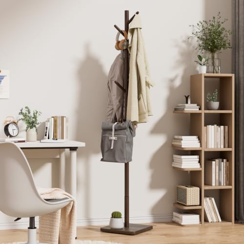 Nianerfaya Solid Wood Coat Rack, Free Standing Hall Coat Tree, Brown