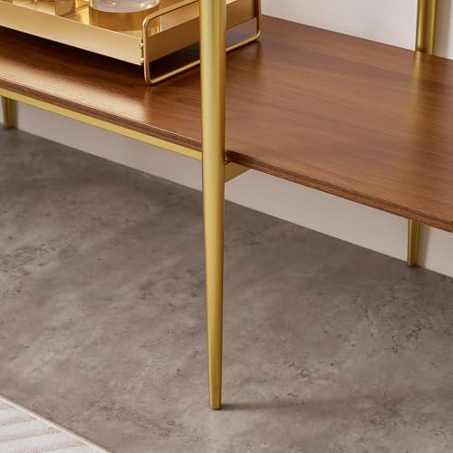 Extra Large Glass Console Table for Living Room, Foyer & Entrance, L47 x W16 x H31, Mid-Century Modern Sofa Table with Clear Glass Top, Walnut Finish Wood Top and Gold Finish Metal Frame