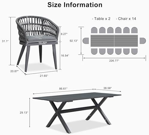 PURPLE LEAF Patio Table and Chairs Set 16 Pieces Woven Rattan Aluminum Grey