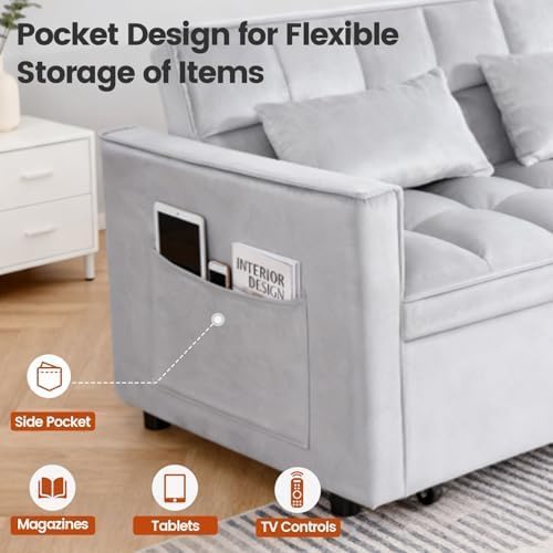 Convertible Sleeper Sofa Bed, Loveseat Sleeper Sofa with Large Side Pockets, Pull Out Sofa Bed with 3 Position Adjustable Backrest, 3 in 1 Velvet Couch Bed for Small Spaces, Apartment, Gray