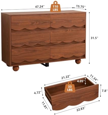 Walnut Scalloped 6 Drawer Dresser, Mid Century Storage Chest of Drawers