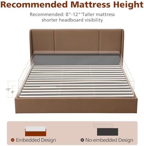 VELOCAVA California King Lift Up Storage Bed Frame, Velvet-Look Upholstered Bed with Modern Wingback Headboard, Hydraulic Lift Storage, Wood Slat Support, No Box Spring Needed, Brown