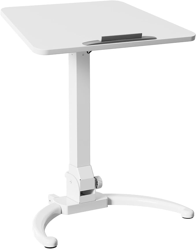 JOY worker Foldable Mobile Standing Desk, Height Adjustable Sit Stand Desk, 90° Tiltable Rolling Laptop Table, Portable Workstation with Wheels Non-Slip Mat for Home Office, Holds Up to 22lbs, White